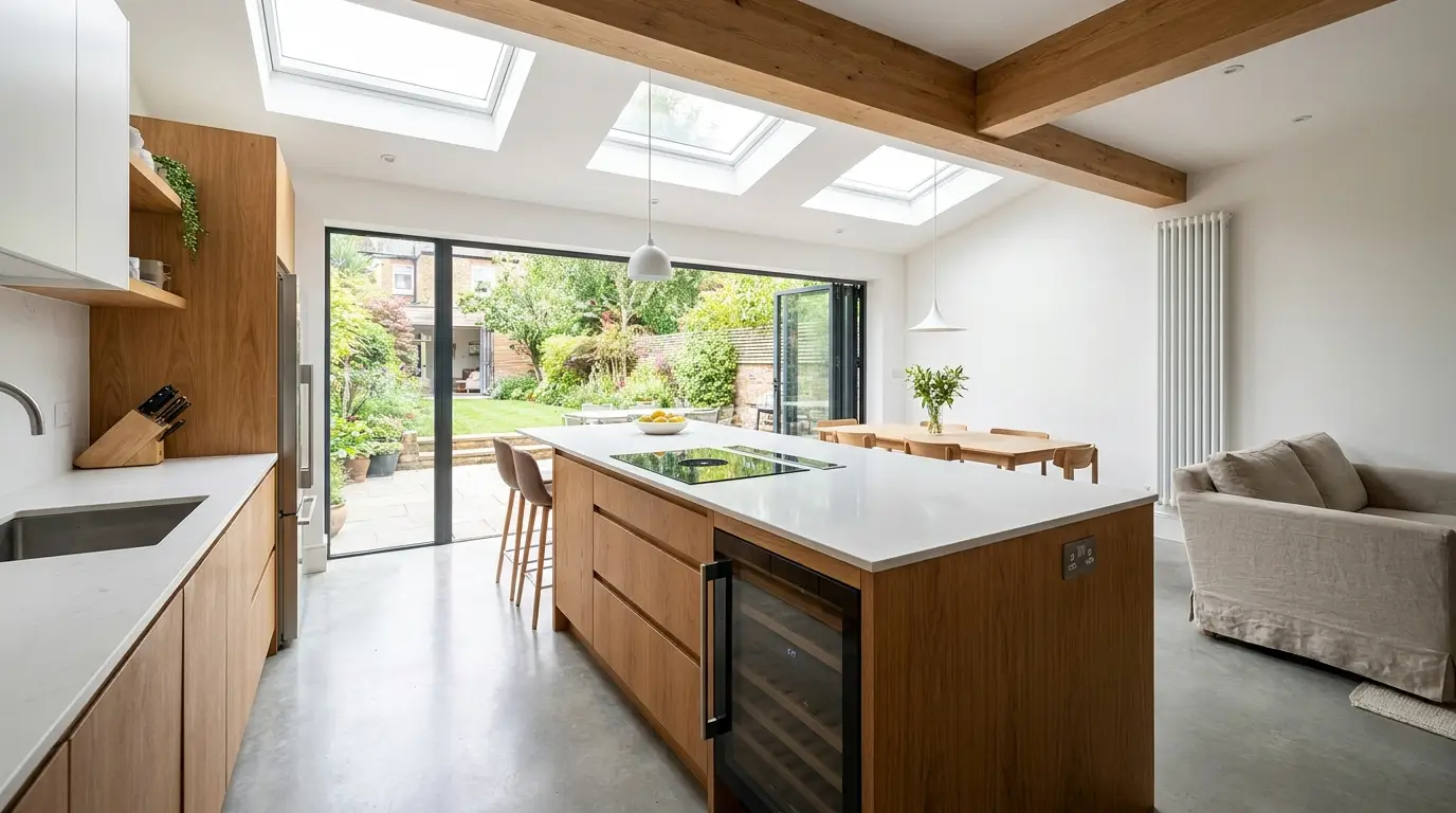 A fully rewired, well-lit kitchen